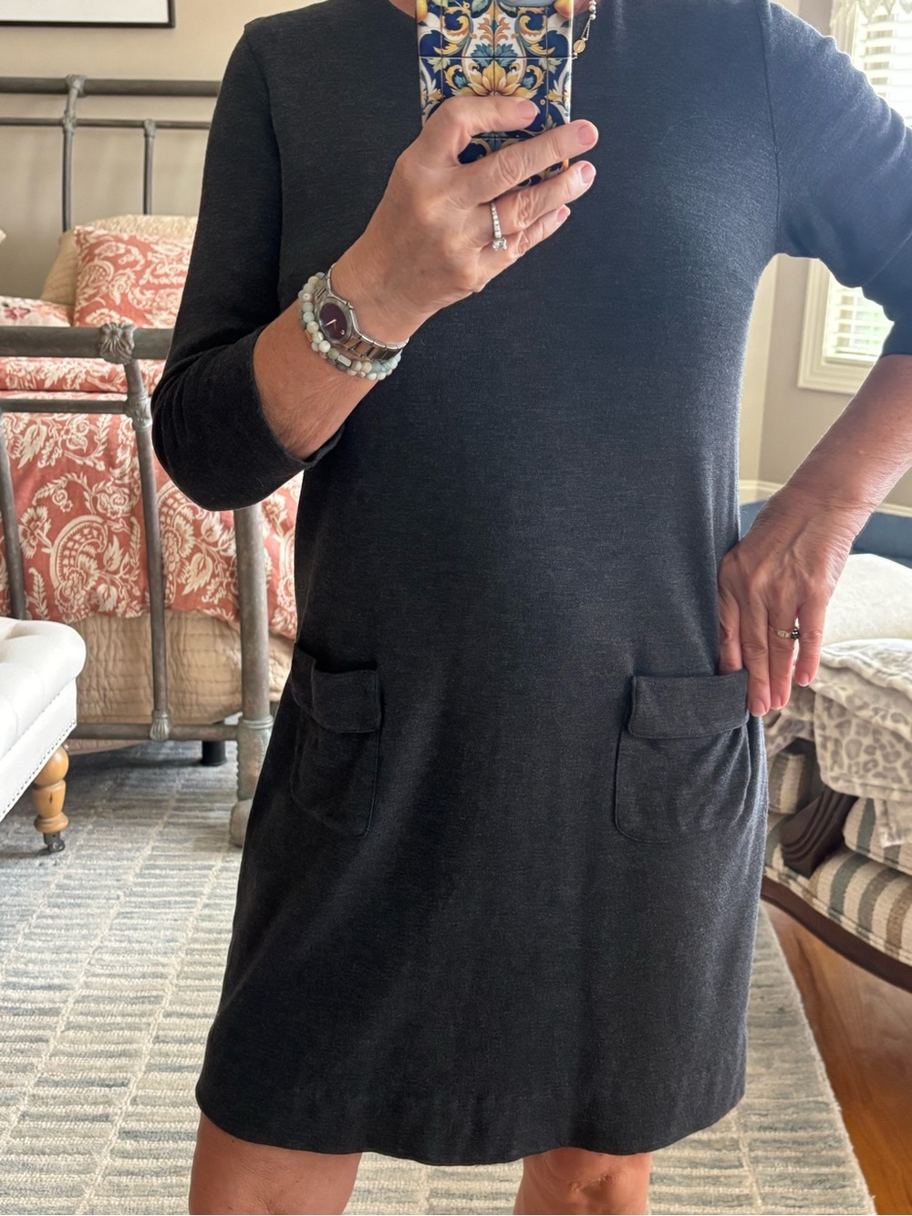 J. Jill Charcoal Black Long Sleeve Shift Dress with Front Pockets